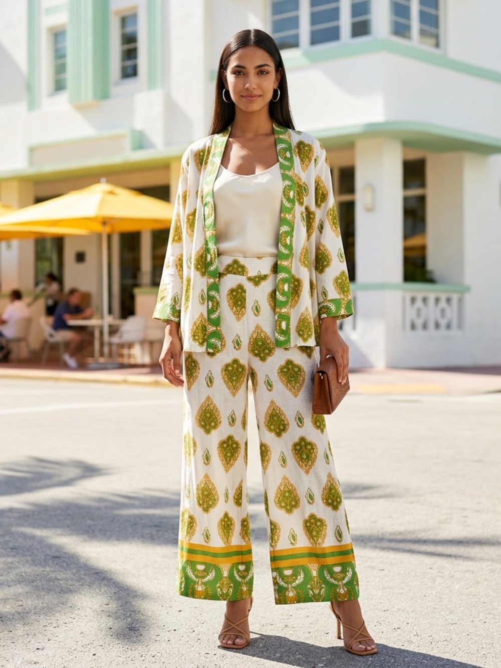Haute Hippie Women’s White, Green & Gold Printed Linen Wide-Leg Pant Set